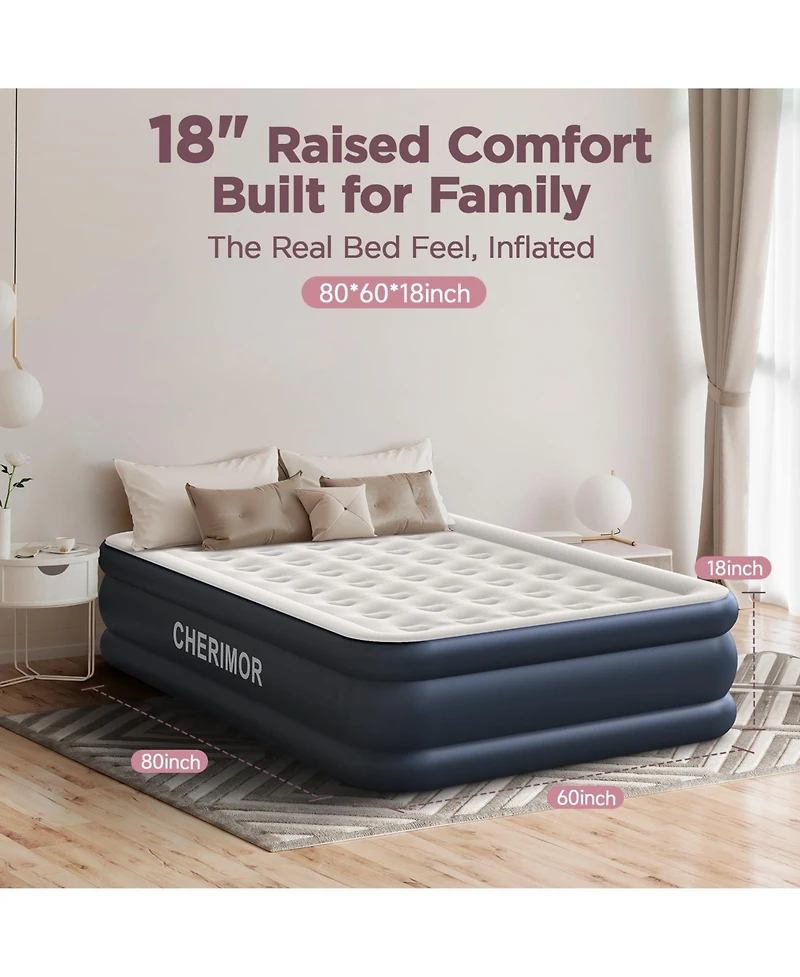 Cherimor 18" Queen Air Mattress with Built-in Pump, 800-lb Capacity, Fast Inflation Guest Bed, Honeycomb Support, Blue