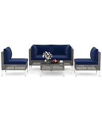 Costway 5 Piece Outdoor Furniture Set with Seat and Back Cushions Tempered Glass Coffee Table