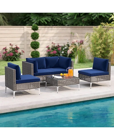 Costway 5 Piece Outdoor Furniture Set with Seat and Back Cushions Tempered Glass Coffee Table