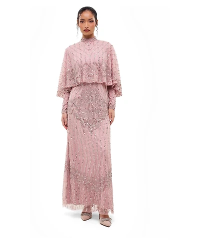 Maryisa Women's Modest Cape Embellished Sequins Gown