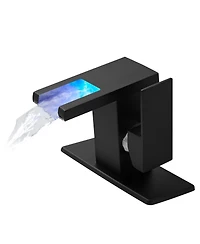 Busdays Led 3 Color Changing Waterfall Glass Spout Single Handle One Hole Deck Mount Bathroom Sink Faucet Hot Cold Mixer