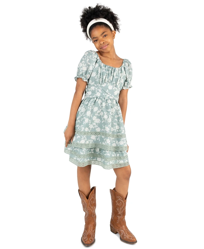 Rare Editions Girls' 7-14 Floral Linen 2-Tier Skirt Dress