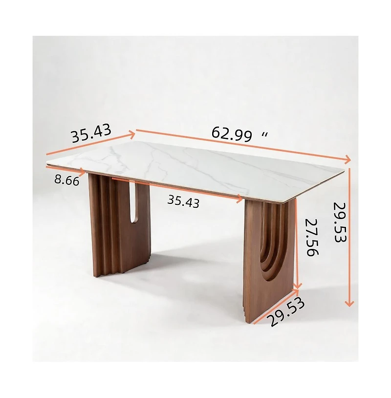 Tribesigns 63'' Sintered Stone Dining Table, Solid Wood Double Pedestal Farmhouse Table Seats 6