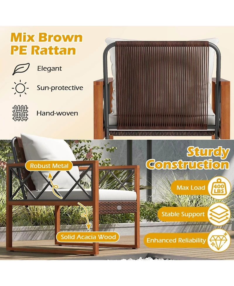 Costway 3 Pieces Patio Pe Wicker Furniture Set with Solid Acacia Wood Frame and Cushions