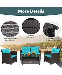 Costway 4 Pieces Patio Rattan Furniture Set Glass Table Shelf Sofa Cushion