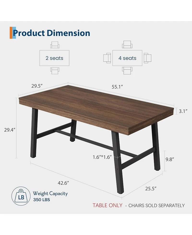 homfan Industrial Dining Table for 2-4 – 55" Heavy Duty Rectangular Kitchen Table with Metal Legs, Non-Extendable for Small Spaces