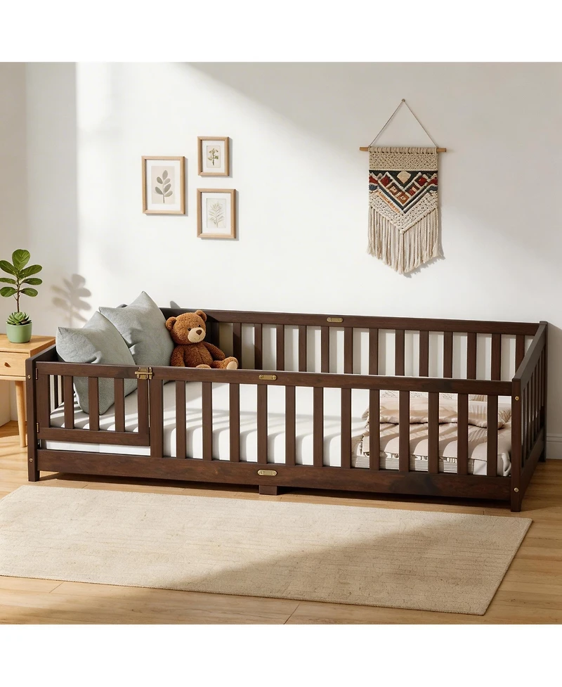 Sailvan Full Floor Bed with Fence and Door, Solid Rubber Wood Kids Platform Frame