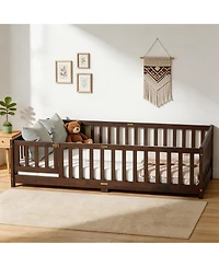 Sailvan Full Floor Bed with Fence and Door, Solid Rubber Wood Kids Platform Frame