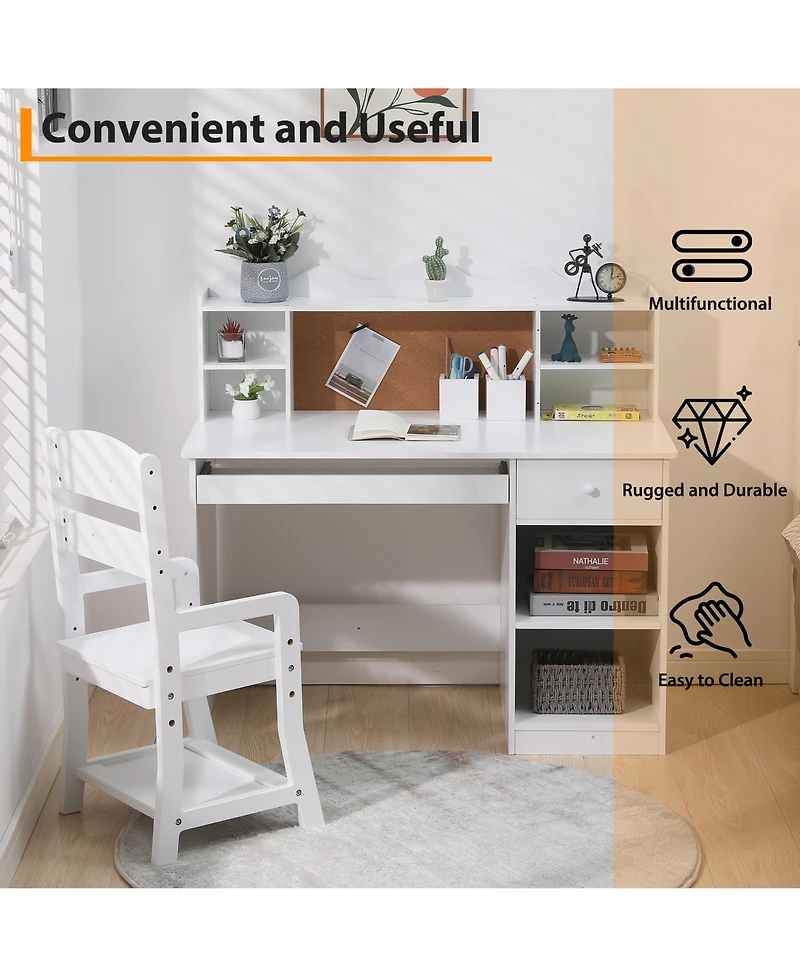 homfan Kids Desk and Chair Set, 37 Inch Wooden Study Table with Storage Shelf and Bulletin Board for Childrens Room