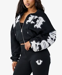 True Religion Women's Crystal Patched Relaxed Zip Hoodie Sweatshirt