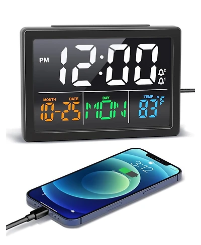 Jall 5.5 Inch Large Led Digital Alarm Clock 6 Brightness Levels 8 Sounds (30 to 85 dB) 9 Minute Snooze Usb Charger Temperature Display Plug