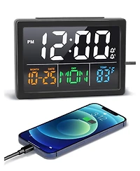 Jall 5.5 Inch Large Led Digital Alarm Clock 6 Brightness Levels 8 Sounds (30 to 85 dB) 9 Minute Snooze Usb Charger Temperature Display Plug