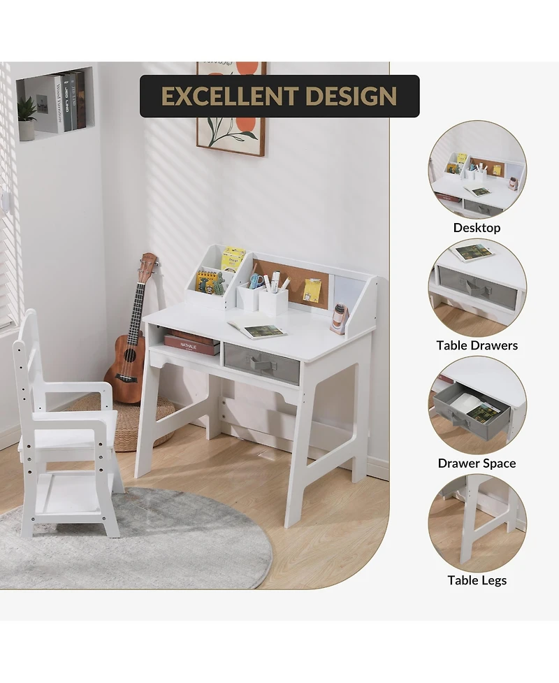 homfan Kids Study Desk and Chair Set, 29 Inch Wooden Student Table with Adjustable Chair and Storage Drawers for Bedroom or Homeschool