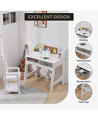 homfan Kids Study Desk and Chair Set, 29 Inch Wooden Student Table with Adjustable Chair and Storage Drawers for Bedroom or Homeschool