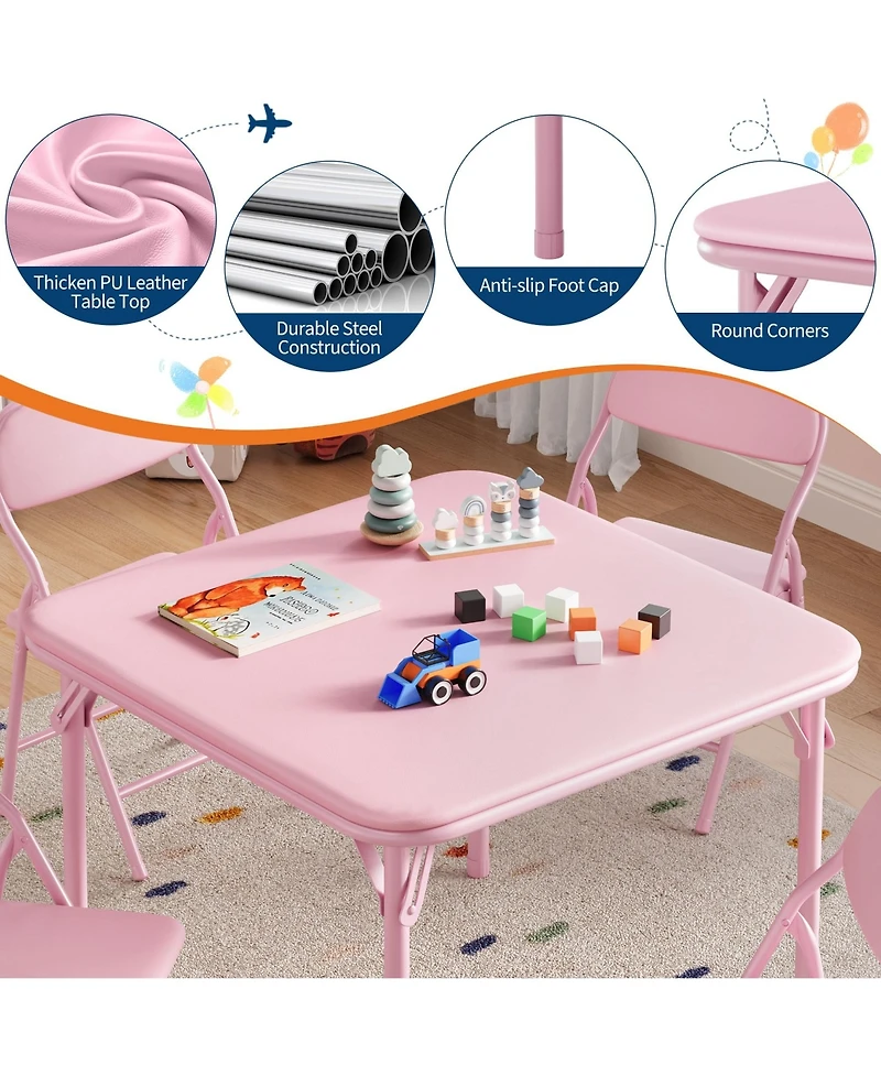 homfan Kids Folding Table and Chairs Set, 23.8 Inch Square Table with Pu Cushion and Metal Frame for Playroom or Bedroom