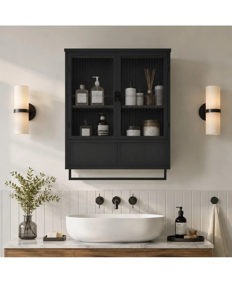 Phying 23.62 Inch Modern Wall Mounted Cabinet with Two-Tier Enclosed Storage and Towel Rack Multipurpose Organizer