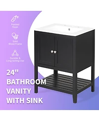 Sillysis 24 Inch Modern Freestanding Bathroom Vanity with Semilune Ceramic Sink, Solid Wood Frame and Open Shelf Storage