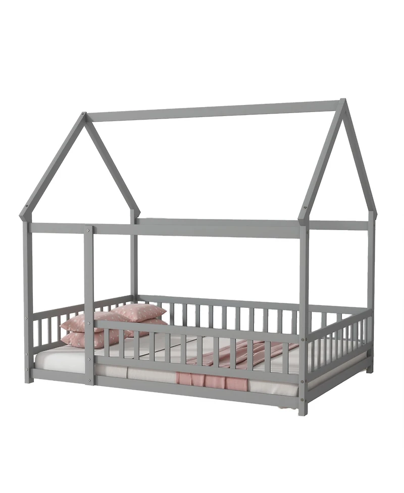 Sailvan House Floor Wooden Bed with Roof Frame, Safety Guardrails