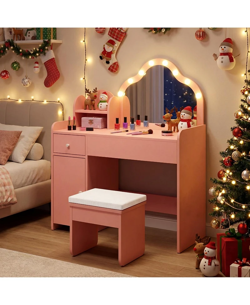 Slickblue Kids Dressing Table with Mirror and Lights Princess Vanity for Pretend Play