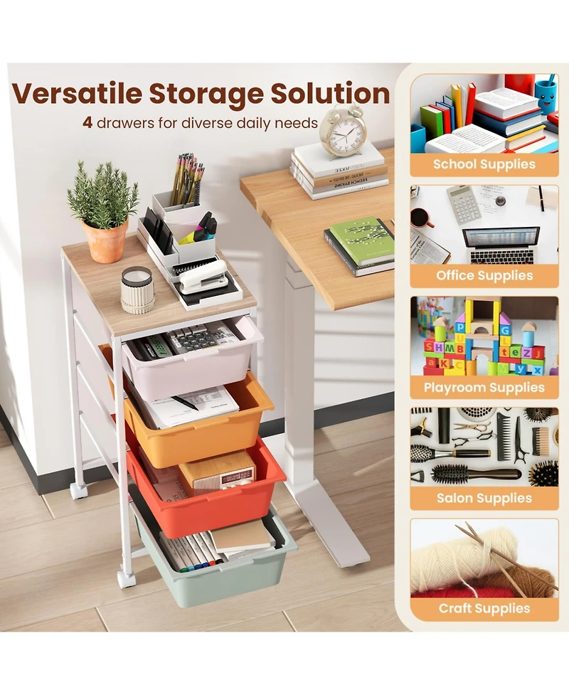 4-Drawer Storage Cart on Wheels with Wooden Top for Home or Office