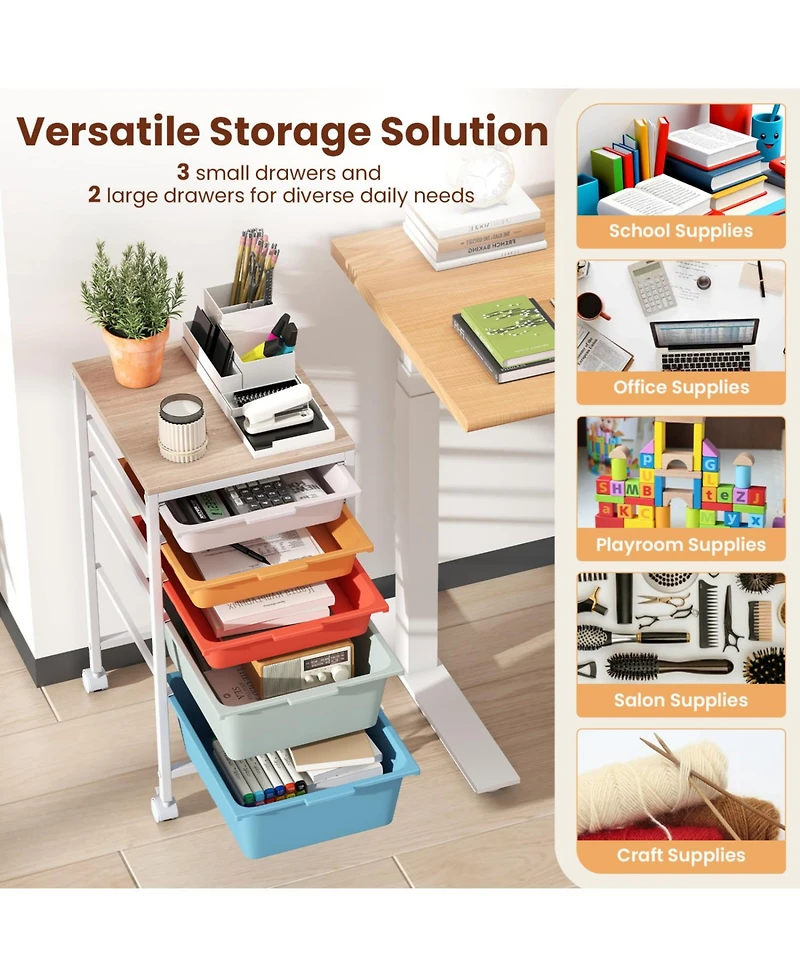 Slickblue 5-Drawer Mobile Organizer Cart with Wood Top and Locking Casters