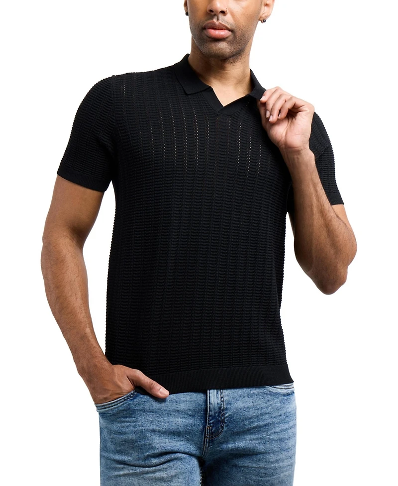 Xray Men's Johnny Collar Textured Rib Rows Sweater Polo