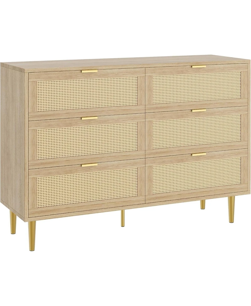gaomon Rattan 6 Drawer Wide Double Dresser, Gold Handles & Legs Bedroom Storage Organizer