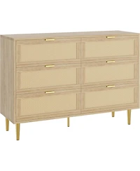 gaomon Rattan 6 Drawer Wide Double Dresser, Gold Handles & Legs Bedroom Storage Organizer