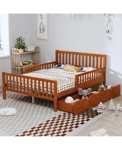 Rainsken Simple Wood Platform Bed with Guardrails on Both Sides and Two Storage Drawers