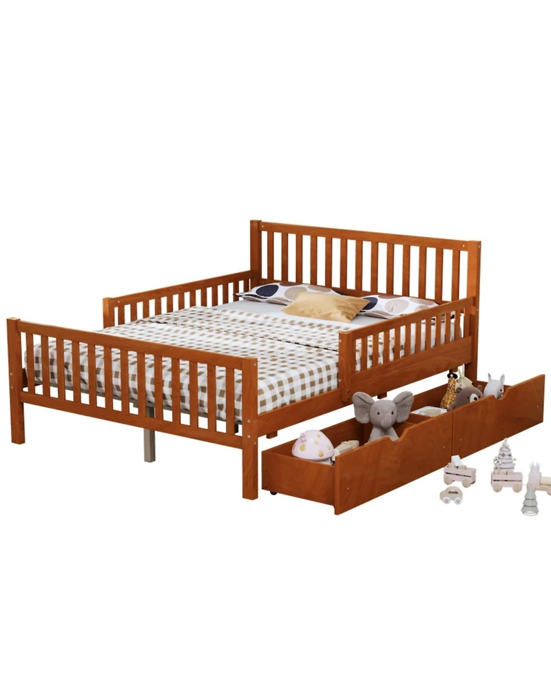 Rainsken Simple Wood Platform Bed with Guardrails on Both Sides and Two Storage Drawers