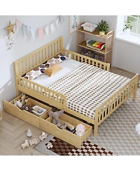 Rainsken Simple Wood Platform Bed with Guardrails on Both Sides and Two Storage Drawers