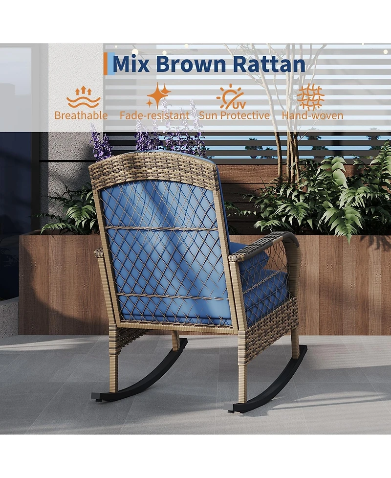 homfan Outdoor Wicker Rocking Chair Set, Rattan Garden Bistro Set with 2 Rockers and 1 Table for Patio or Backyard