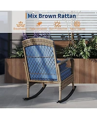 homfan Outdoor Wicker Rocking Chair Set, Rattan Garden Bistro Set with 2 Rockers and 1 Table for Patio or Backyard
