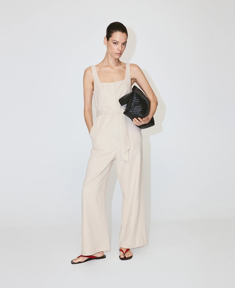 Mango Women's Belt Cropped Linen Jumpsuit