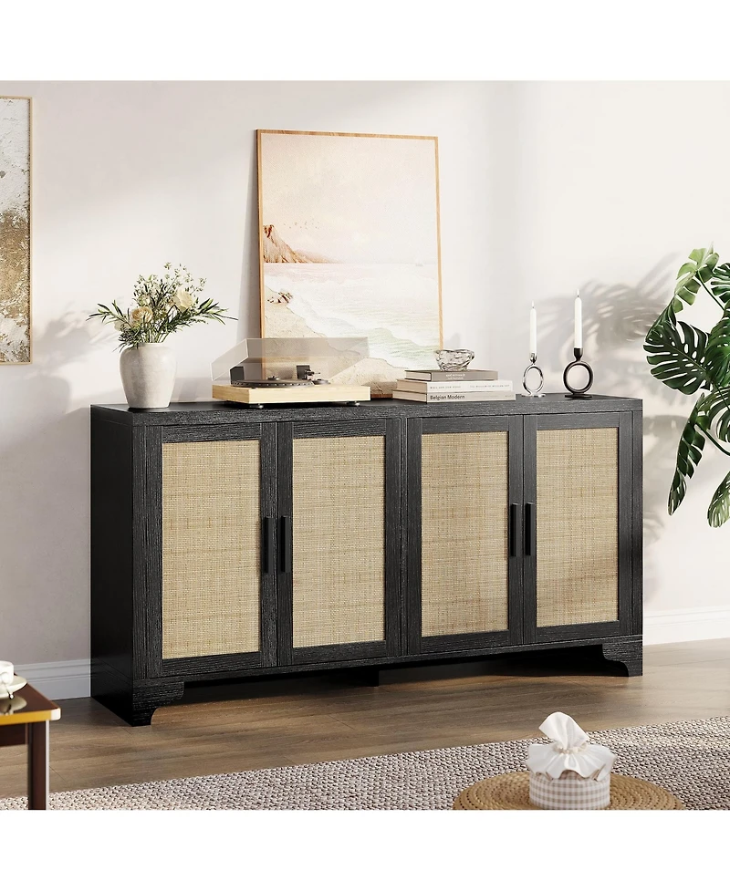 gaomon 62 Inches Rattan Sideboard Buffet Cabinet, 4-Door Kitchen Storage Cabinet with Shelves