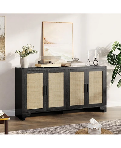 gaomon 62 Inches Rattan Sideboard Buffet Cabinet, 4-Door Kitchen Storage Cabinet with Shelves