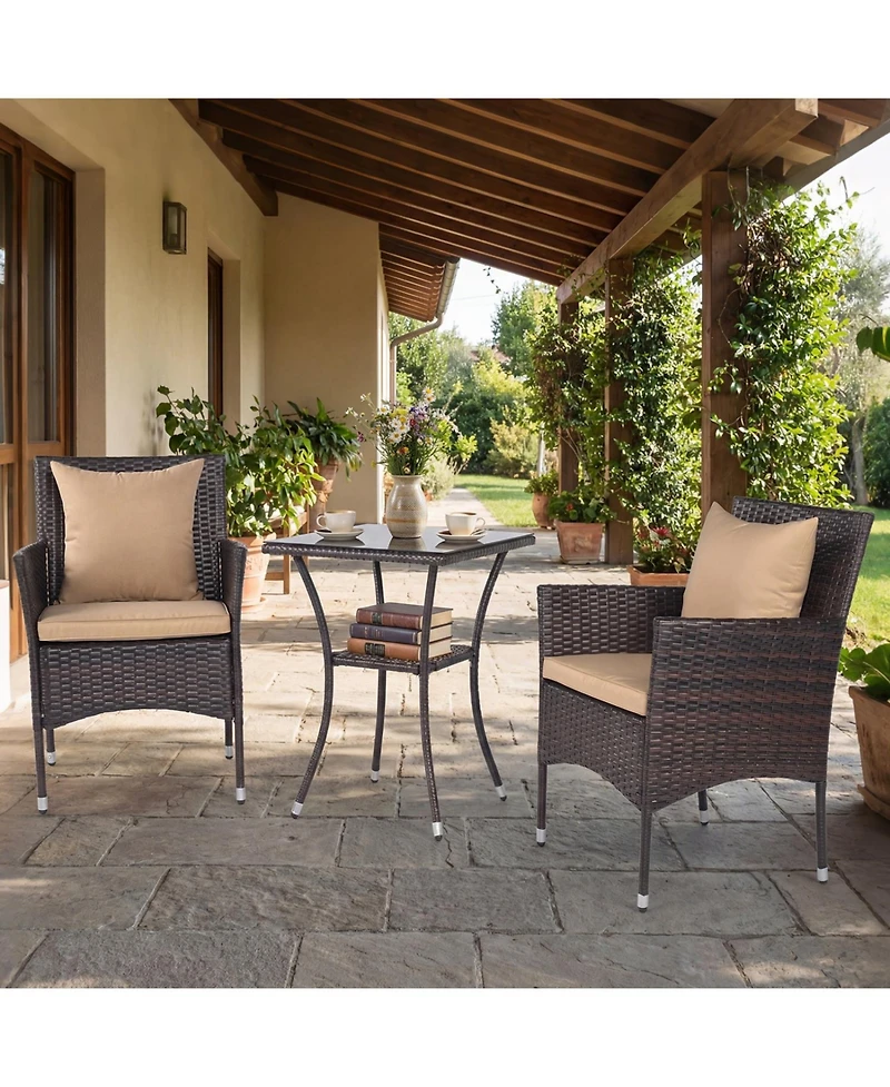 Slickblue 3-Piece Patio Conversation Set with Rattan Chairs and Glass Table