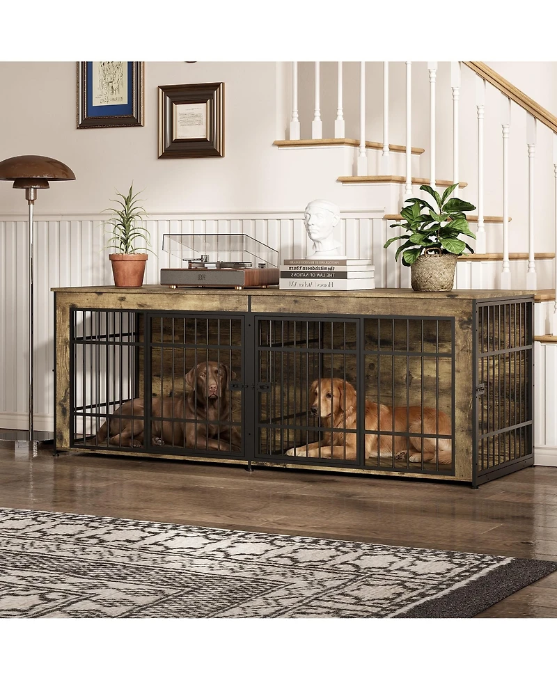 homfan Heavy Duty Wooden Dog House Furniture, Double 3-in-1 Kennel, Multifunctional End Table Tv Stand