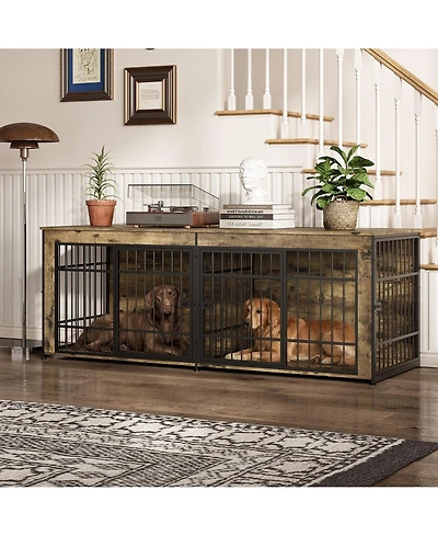 homfan Heavy Duty Wooden Dog House Furniture, Double 3-in-1 Kennel, Multifunctional End Table Tv Stand, Adjustable Feet