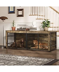 homfan Heavy Duty Wooden Dog House Furniture, Double 3-in-1 Kennel, Multifunctional End Table Tv Stand