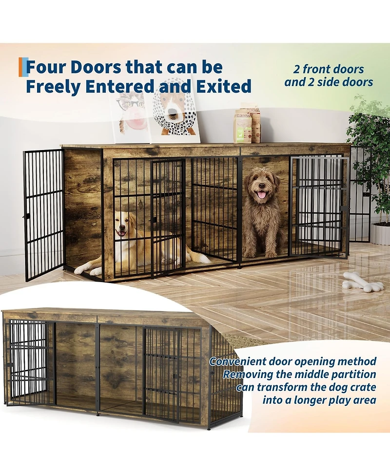 homfan Heavy Duty Wooden Dog House Furniture, Double 3-in-1 Kennel, Multifunctional End Table Tv Stand, Adjustable Feet