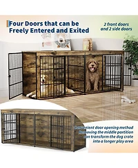 homfan Heavy Duty Wooden Dog House Furniture, Double 3-in-1 Kennel, Multifunctional End Table Tv Stand, Adjustable Feet