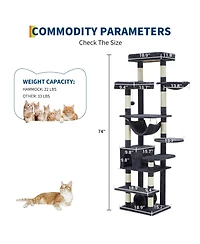 homfan 74" Cat Tree for Large Cats, Tall Tower with 11 Scratching Posts, Hammock, Top Perch, Toy Balls, Condo, Heavy Duty House Adult Big Cats