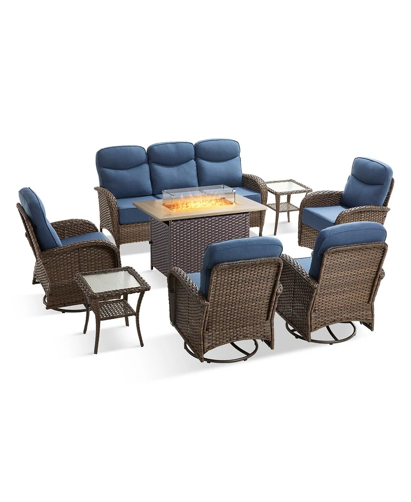 Pocassy Luxury High Back Outdoor Furniture with 6-inch Extra Thick Cushions, 8 Pieces Patio Set Fire Pit Table and Swivel Chairs