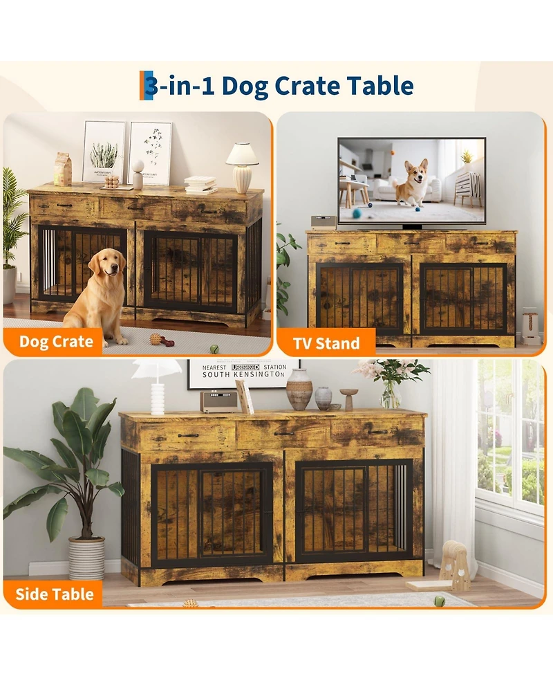 homfan Spacious Dual Dog Crate Furniture for 2 Medium/Large Dogs, Heavy Duty Wooden Indoor Kennel with 3 Drawers, End Table and Tv Stand.