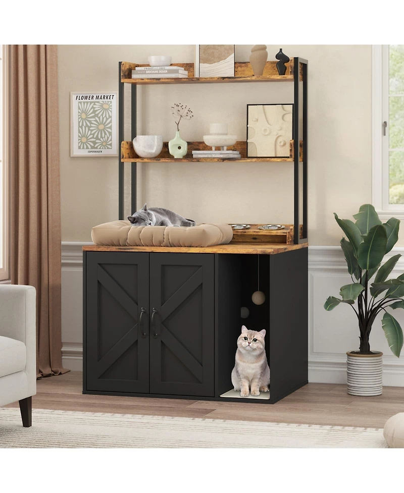 homfan Modern Wooden Cat Litter Box Enclosure Cabinet, Stylish Hidden House Furniture with Shelf, Discreet Cover.