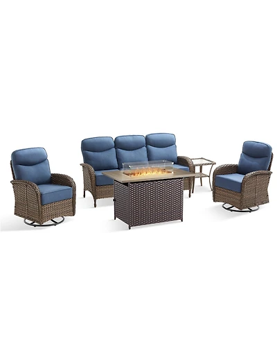 Pocassy Cushion Patio Furniture Set with Fire Pit Table, High Back Swivel Rocker Chairs Outdoor Couch, Wicker Conversation