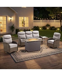 Pocassy Cushion Patio Furniture Set with Fire Pit Table, High Back Swivel Rocker Chairs Outdoor Couch, Wicker Conversation