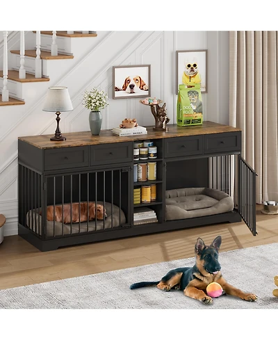 Large Double Dog Crate Furniture, Wooden Indoor Kennel with Divider, 4 Drawers and Shelves for Two Medium or Dogs