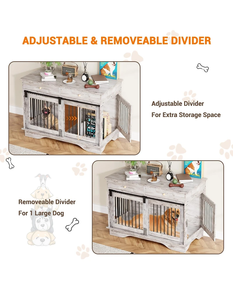 homfan Dog Crate Furniture, Dog Kennel with Storage Drawers and Sliding Barn Door, with Detachable Divider, Dog Cage End Table for 2 Medium Dogs